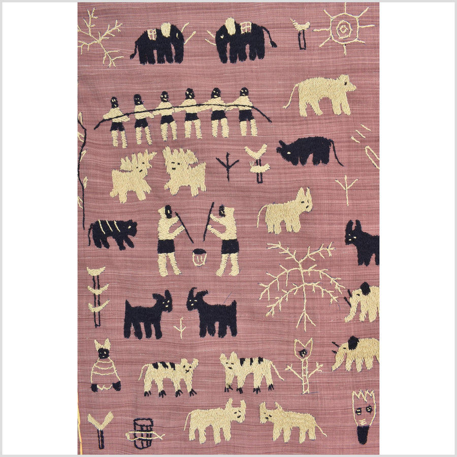Plum mauve special Naga tribal textile cotton story quilt, animals, totems, boho hilltribe tapestry Thailand India ii111