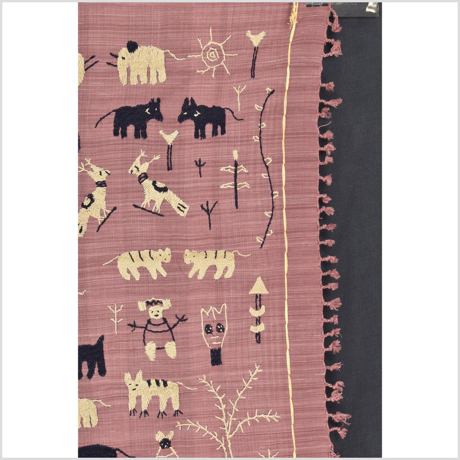 Plum mauve special Naga tribal textile cotton story quilt, animals, totems, boho hilltribe tapestry Thailand India ii111