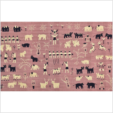 Plum mauve special Naga tribal textile cotton story quilt, animals, totems, boho hilltribe tapestry Thailand India ii111
