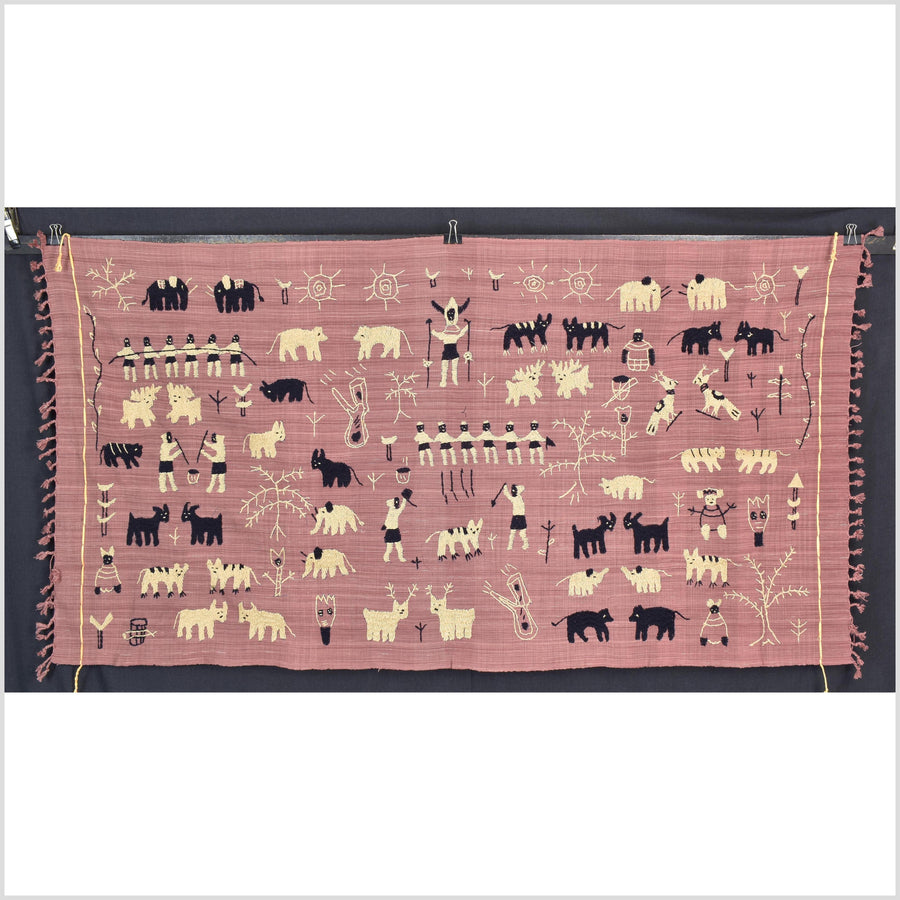 Plum mauve special Naga tribal textile cotton story quilt, animals, totems, boho hilltribe tapestry Thailand India ii111