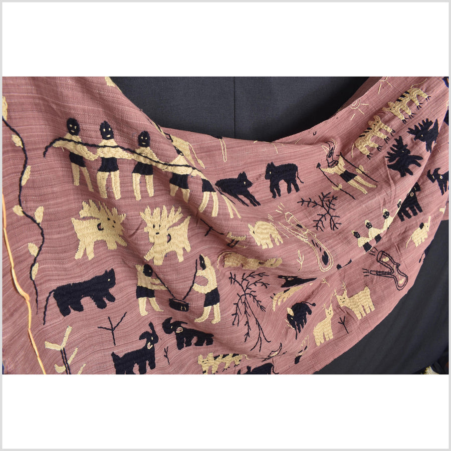 Plum mauve special Naga tribal textile cotton story quilt, animals, totems, boho hilltribe tapestry Thailand India ii112