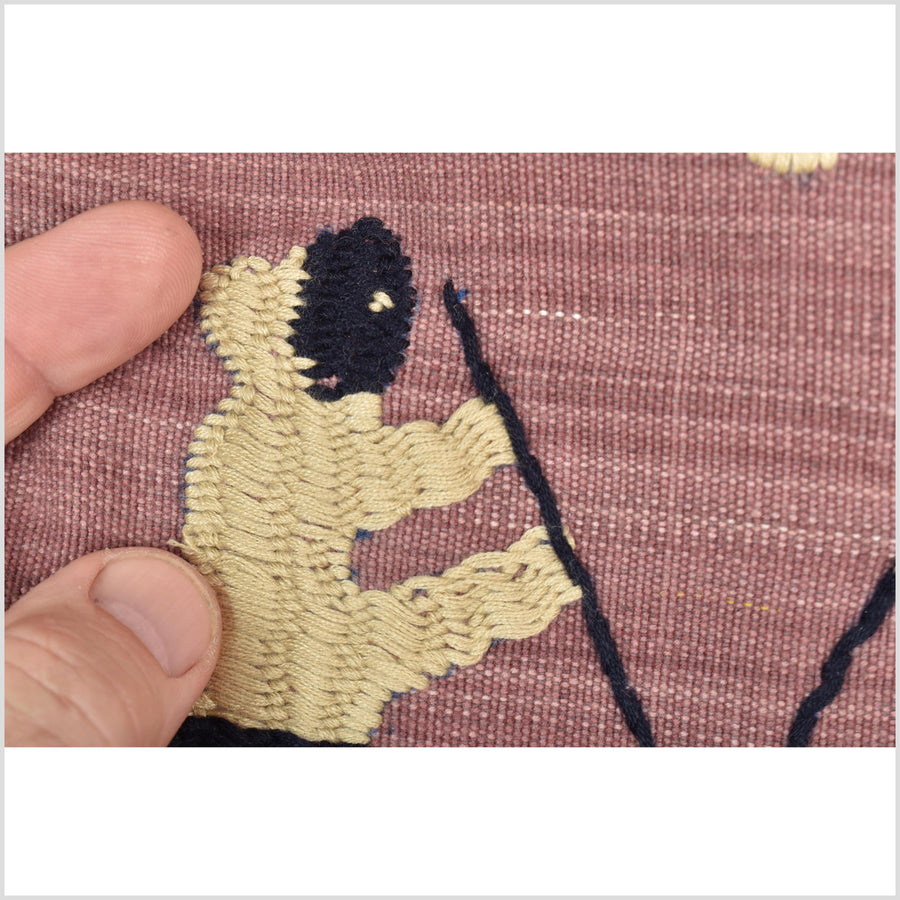 Plum mauve special Naga tribal textile cotton story quilt, animals, totems, boho hilltribe tapestry Thailand India ii112
