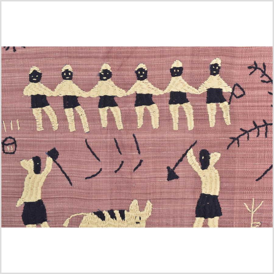 Plum mauve special Naga tribal textile cotton story quilt, animals, totems, boho hilltribe tapestry Thailand India ii112