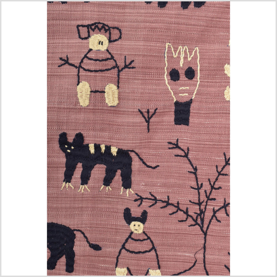 Plum mauve special Naga tribal textile cotton story quilt, animals, totems, boho hilltribe tapestry Thailand India ii112