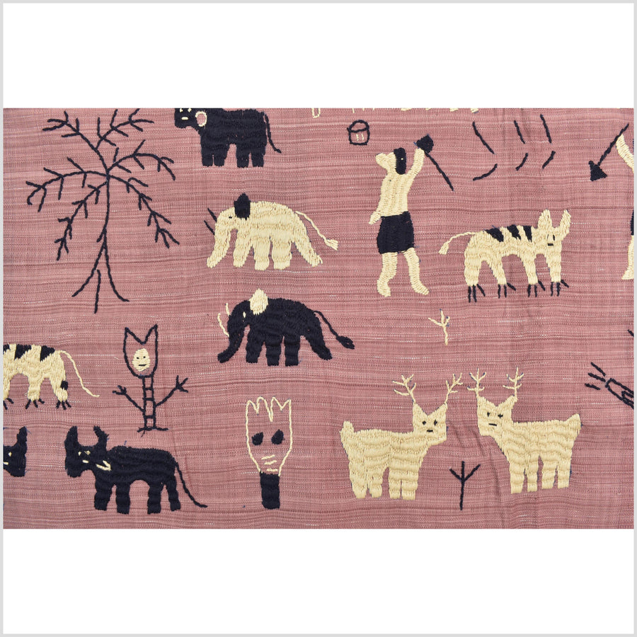 Plum mauve special Naga tribal textile cotton story quilt, animals, totems, boho hilltribe tapestry Thailand India ii112