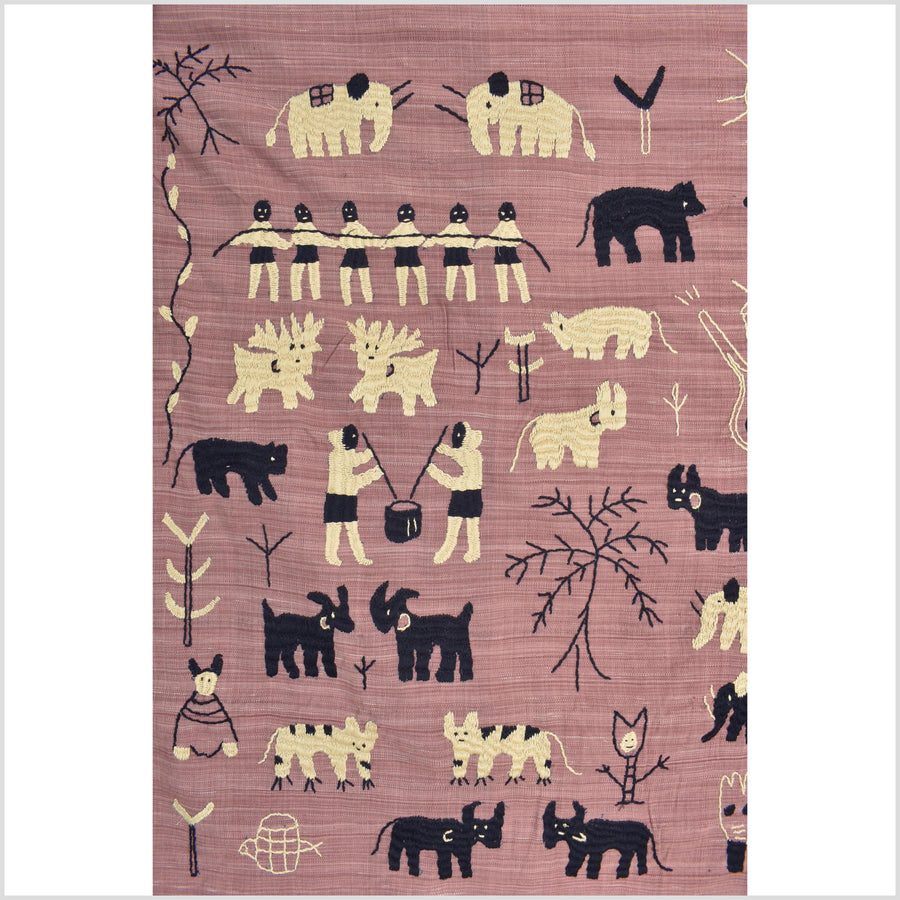 Plum mauve special Naga tribal textile cotton story quilt, animals, totems, boho hilltribe tapestry Thailand India ii112