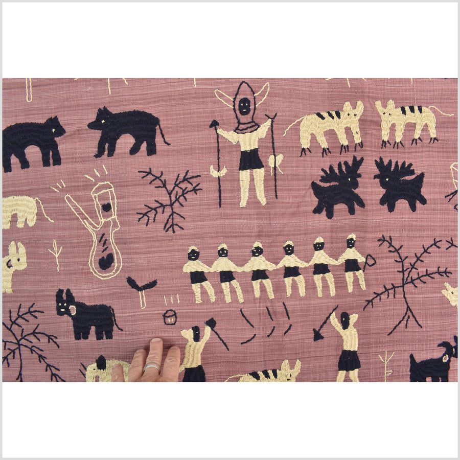 Plum mauve special Naga tribal textile cotton story quilt, animals, totems, boho hilltribe tapestry Thailand India ii112