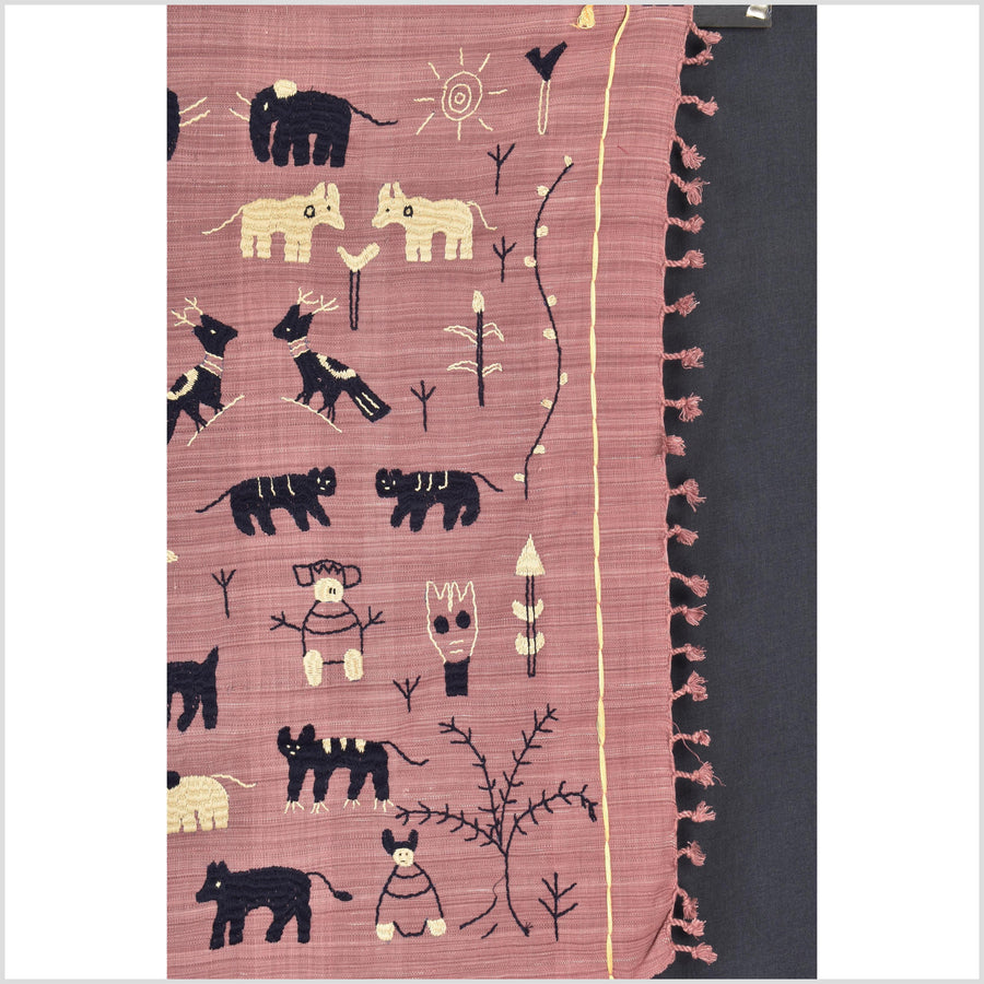 Plum mauve special Naga tribal textile cotton story quilt, animals, totems, boho hilltribe tapestry Thailand India ii112