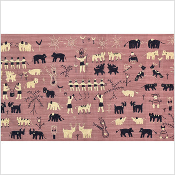 Plum mauve special Naga tribal textile cotton story quilt, animals, totems, boho hilltribe tapestry Thailand India ii112
