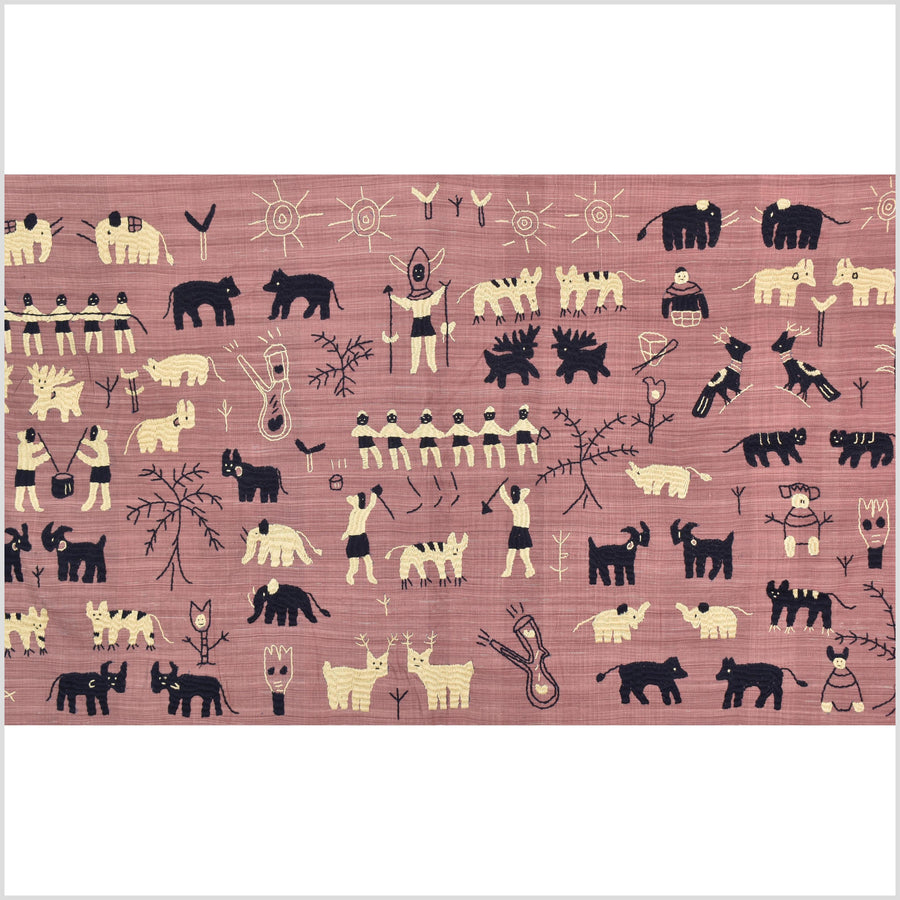 Plum mauve special Naga tribal textile cotton story quilt, animals, totems, boho hilltribe tapestry Thailand India ii112