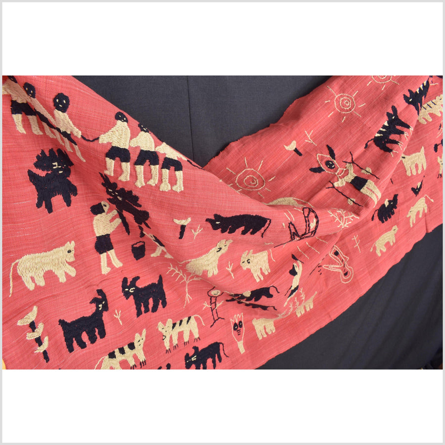 Pale pink tomato red special Naga tribal textile cotton story quilt, animals, totems, boho hilltribe tapestry Thailand India ii113