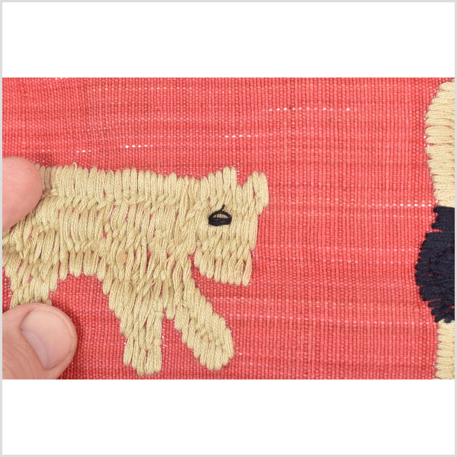 Pale pink tomato red special Naga tribal textile cotton story quilt, animals, totems, boho hilltribe tapestry Thailand India ii113