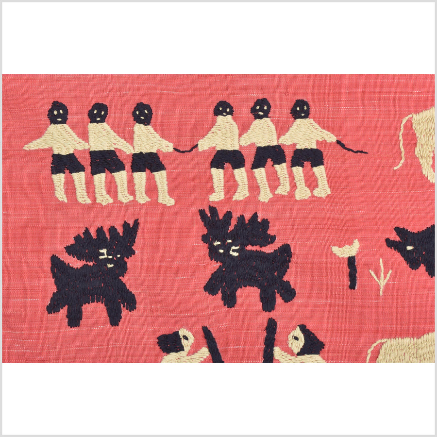 Pale pink tomato red special Naga tribal textile cotton story quilt, animals, totems, boho hilltribe tapestry Thailand India ii113