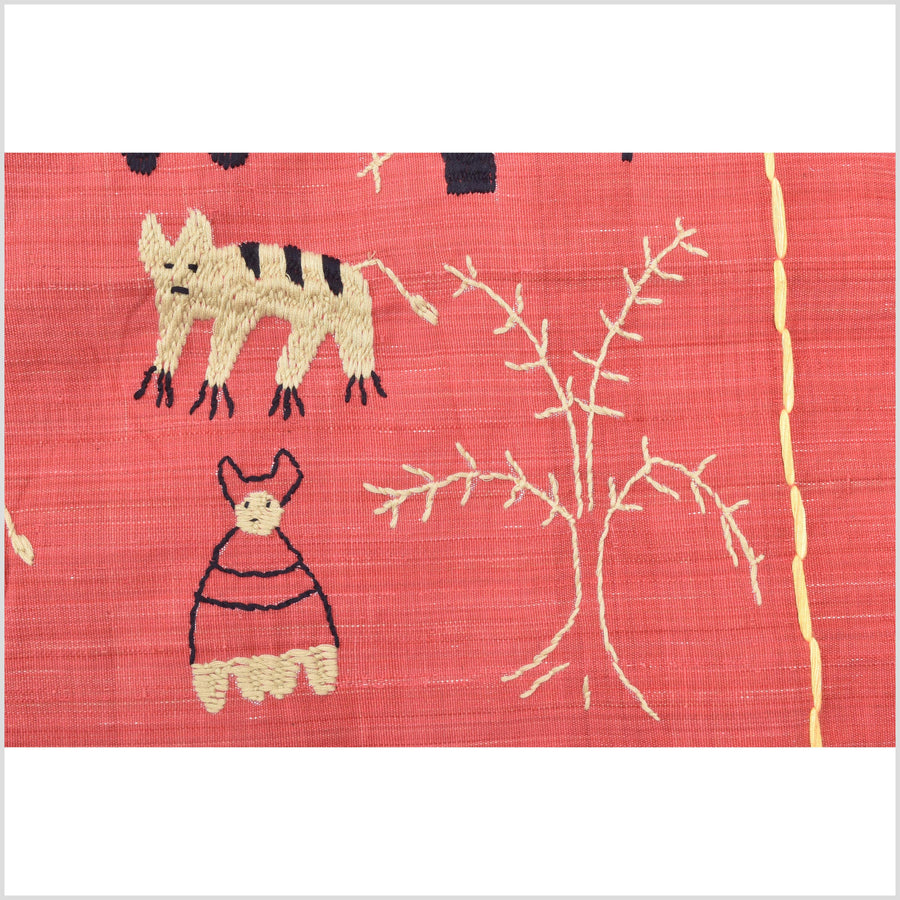 Pale pink tomato red special Naga tribal textile cotton story quilt, animals, totems, boho hilltribe tapestry Thailand India ii113