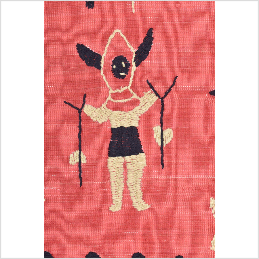 Pale pink tomato red special Naga tribal textile cotton story quilt, animals, totems, boho hilltribe tapestry Thailand India ii113