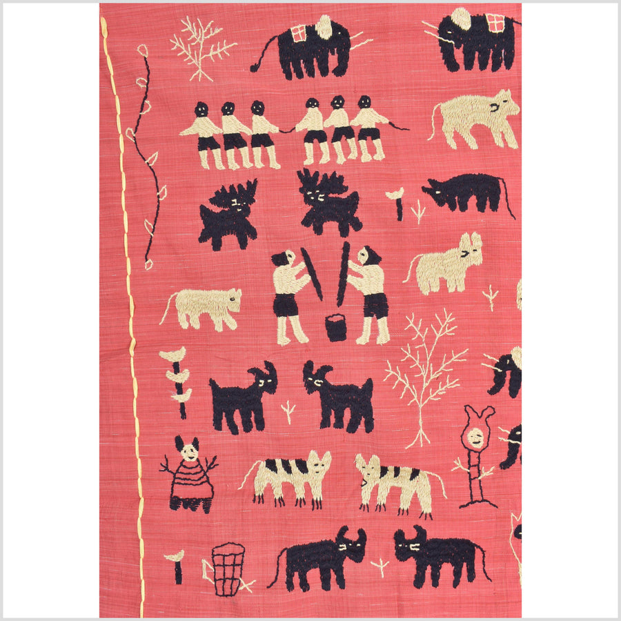 Pale pink tomato red special Naga tribal textile cotton story quilt, animals, totems, boho hilltribe tapestry Thailand India ii113