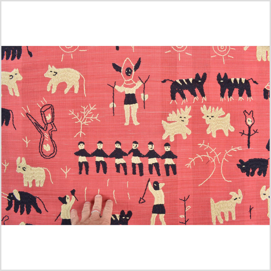 Pale pink tomato red special Naga tribal textile cotton story quilt, animals, totems, boho hilltribe tapestry Thailand India ii113