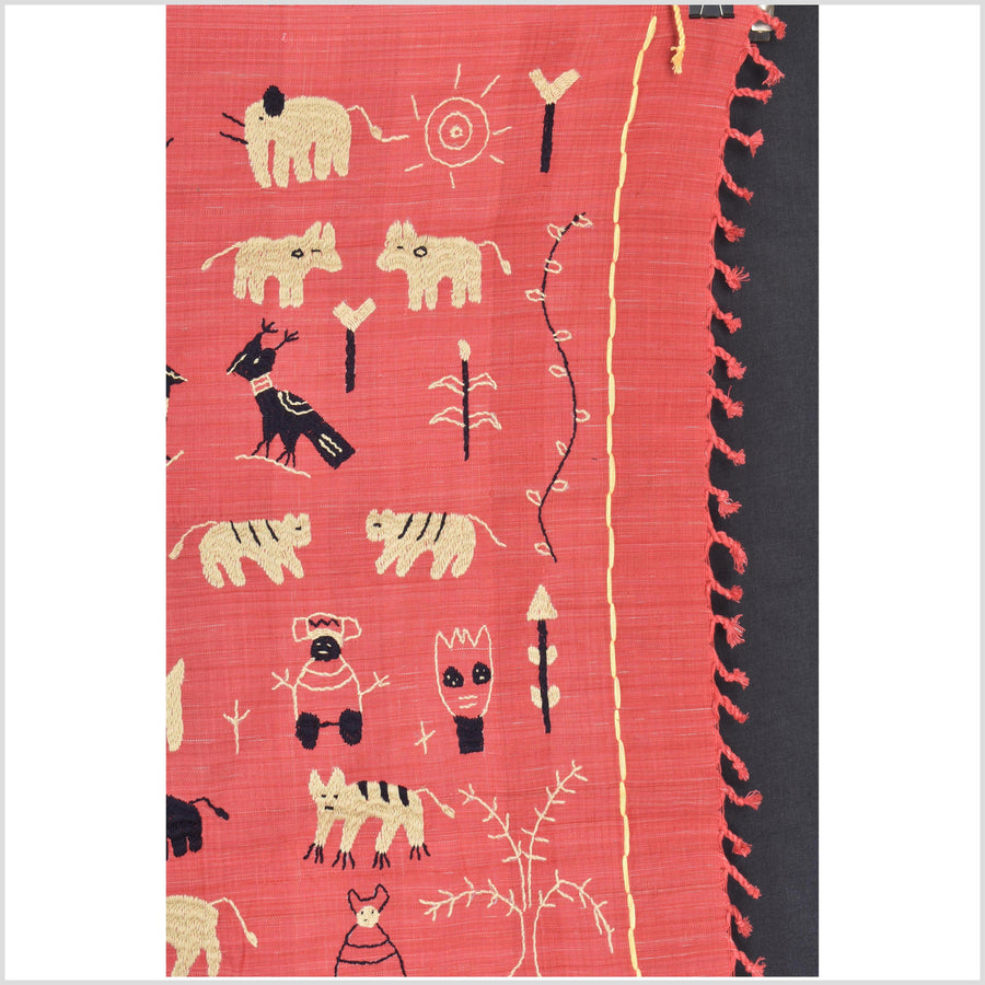 Pale pink tomato red special Naga tribal textile cotton story quilt, animals, totems, boho hilltribe tapestry Thailand India ii113