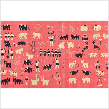 Pale pink tomato red special Naga tribal textile cotton story quilt, animals, totems, boho hilltribe tapestry Thailand India ii113