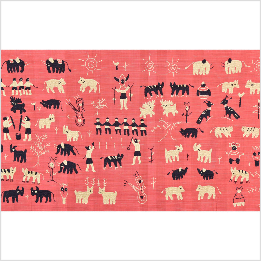 Pale pink tomato red special Naga tribal textile cotton story quilt, animals, totems, boho hilltribe tapestry Thailand India ii113