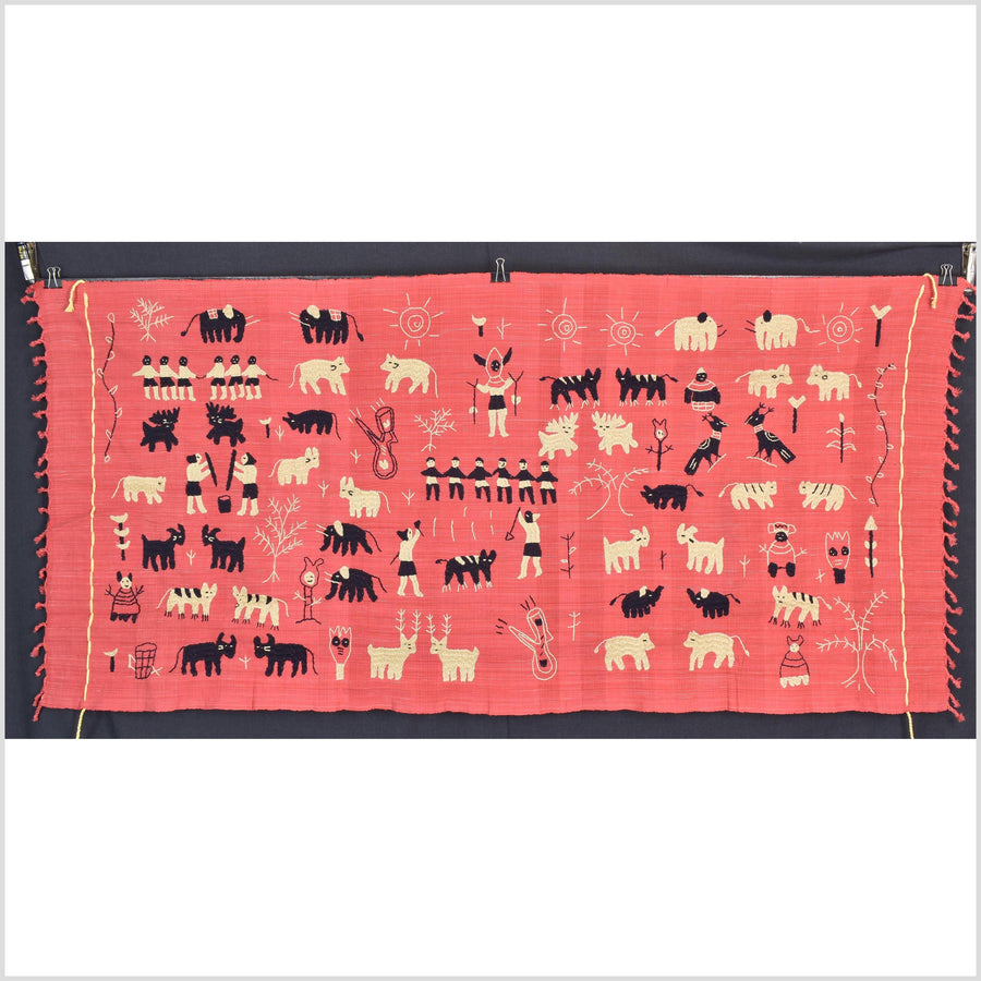 Pale pink tomato red special Naga tribal textile cotton story quilt, animals, totems, boho hilltribe tapestry Thailand India ii113