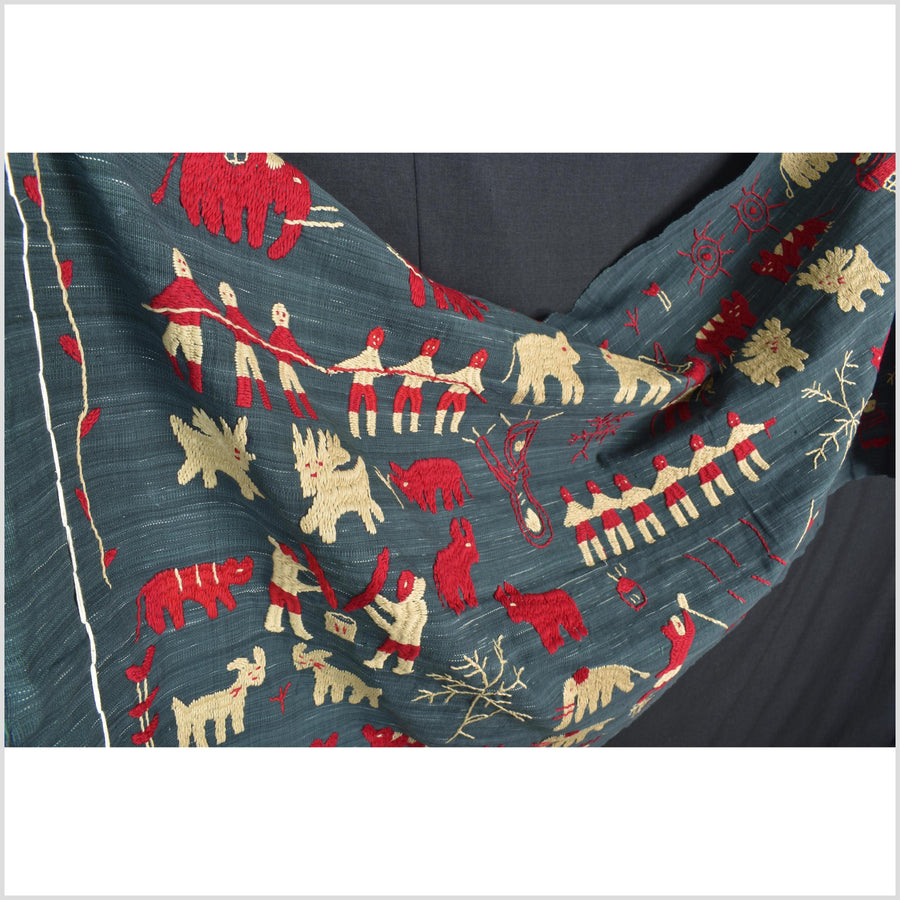 Dark indigo gray special Naga tribal textile cotton story quilt, animals, totems, boho hilltribe tapestry Thailand India ii114
