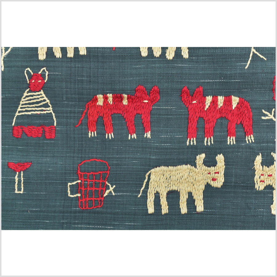 Dark indigo gray special Naga tribal textile cotton story quilt, animals, totems, boho hilltribe tapestry Thailand India ii114