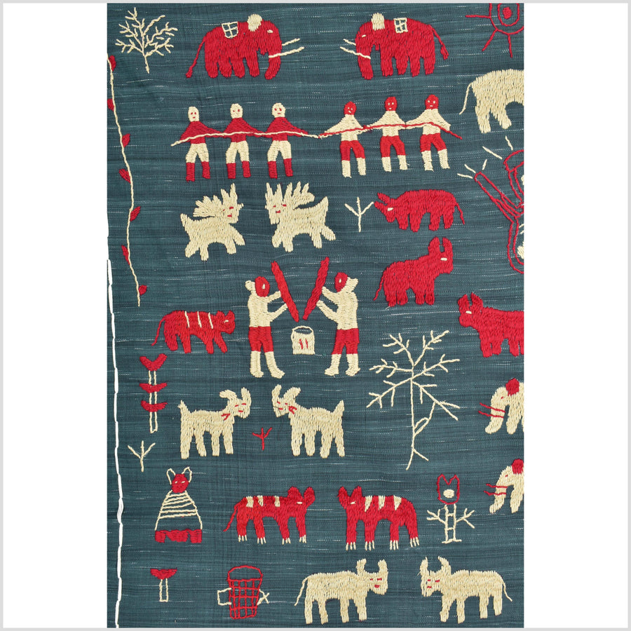 Dark indigo gray special Naga tribal textile cotton story quilt, animals, totems, boho hilltribe tapestry Thailand India ii114