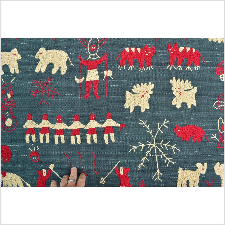 Dark indigo gray special Naga tribal textile cotton story quilt, animals, totems, boho hilltribe tapestry Thailand India ii114