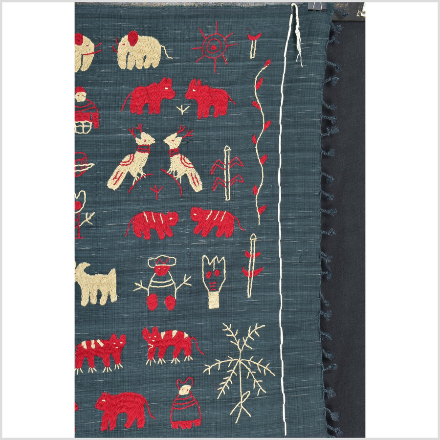 Dark indigo gray special Naga tribal textile cotton story quilt, animals, totems, boho hilltribe tapestry Thailand India ii114