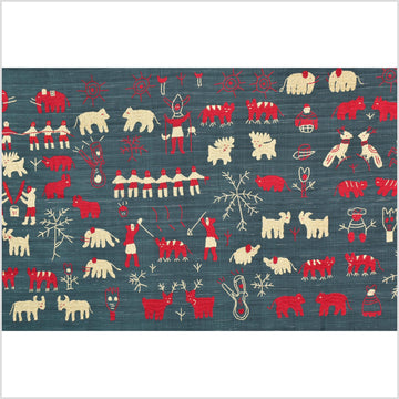 Dark indigo gray special Naga tribal textile cotton story quilt, animals, totems, boho hilltribe tapestry Thailand India ii114