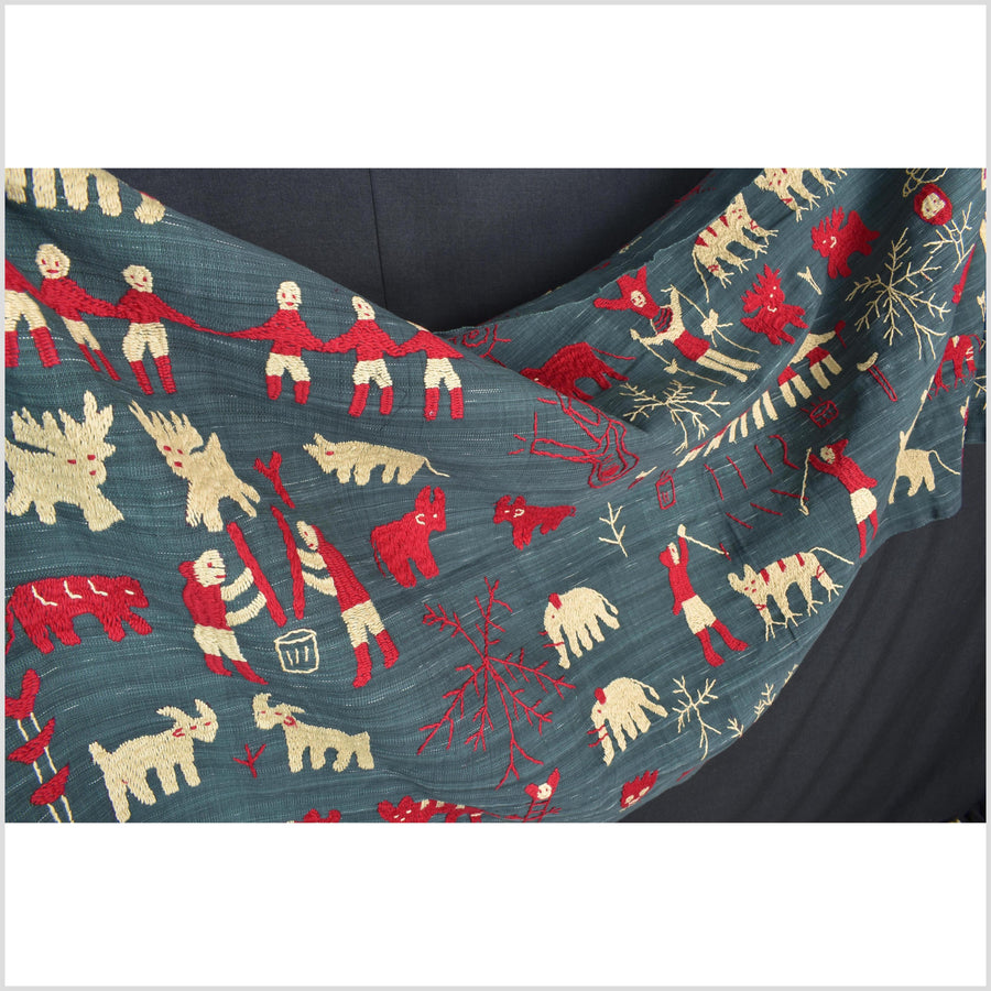 Dark indigo gray special Naga tribal textile cotton story quilt, animals, totems, boho hilltribe tapestry Thailand India ii115