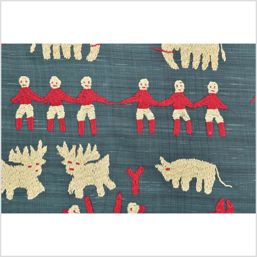 Dark indigo gray special Naga tribal textile cotton story quilt, animals, totems, boho hilltribe tapestry Thailand India ii115