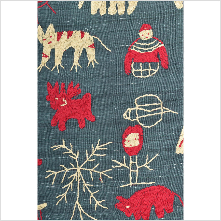 Dark indigo gray special Naga tribal textile cotton story quilt, animals, totems, boho hilltribe tapestry Thailand India ii115