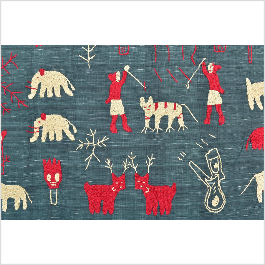 Dark indigo gray special Naga tribal textile cotton story quilt, animals, totems, boho hilltribe tapestry Thailand India ii115
