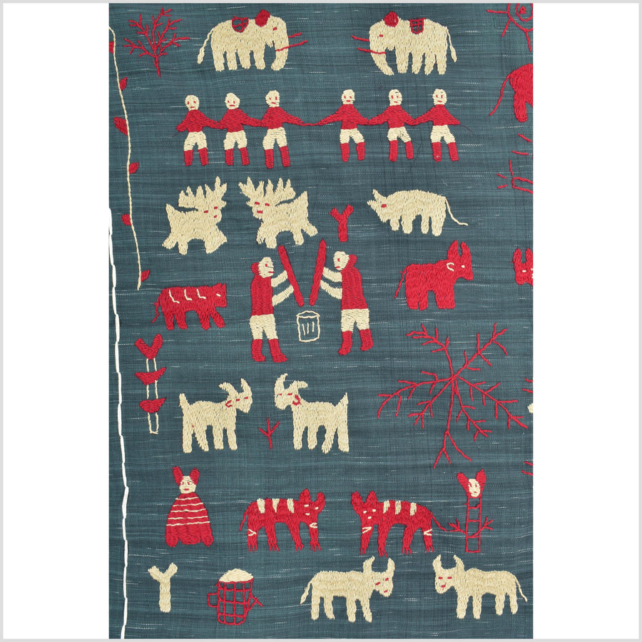 Dark indigo gray special Naga tribal textile cotton story quilt, animals, totems, boho hilltribe tapestry Thailand India ii115