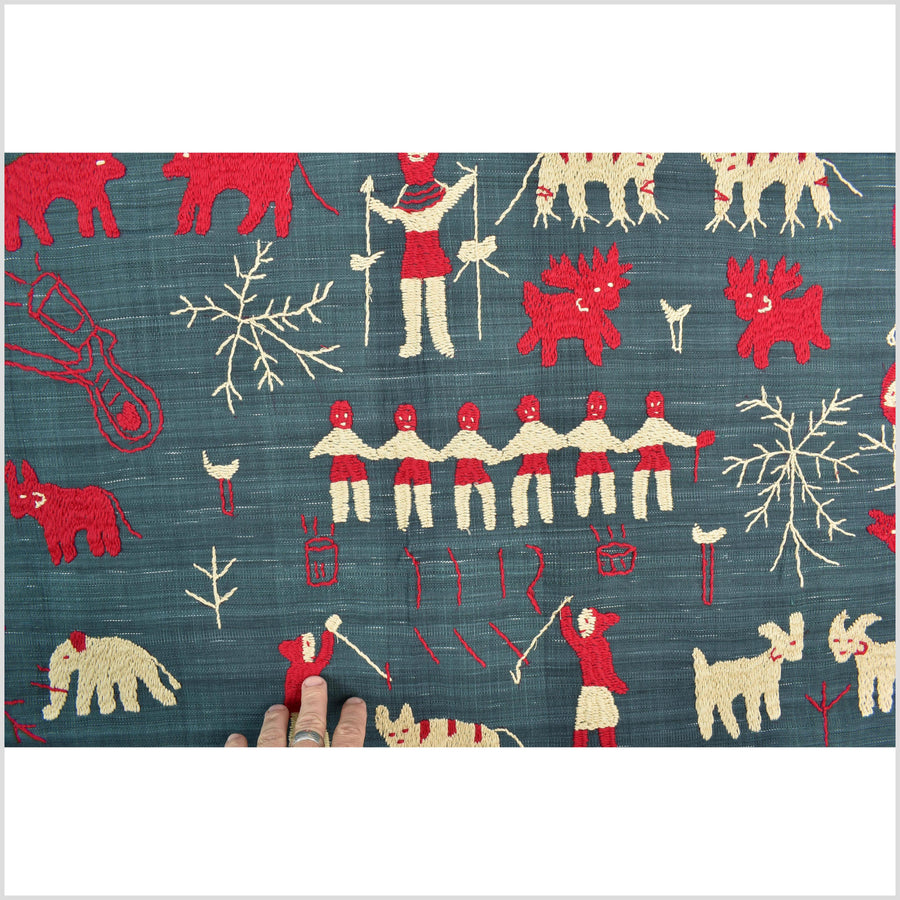 Dark indigo gray special Naga tribal textile cotton story quilt, animals, totems, boho hilltribe tapestry Thailand India ii115