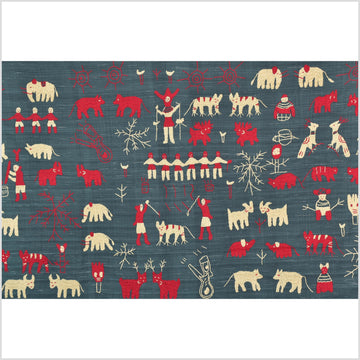 Dark indigo gray special Naga tribal textile cotton story quilt, animals, totems, boho hilltribe tapestry Thailand India ii115