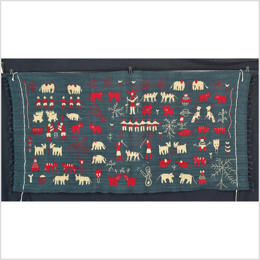 Dark indigo gray special Naga tribal textile cotton story quilt, animals, totems, boho hilltribe tapestry Thailand India ii115
