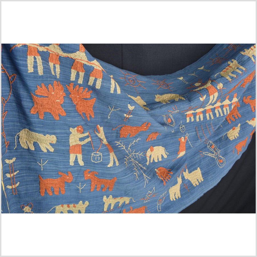Cornflower blue special Naga tribal textile cotton story quilt, animals, totems, boho hilltribe tapestry Thailand India ii116