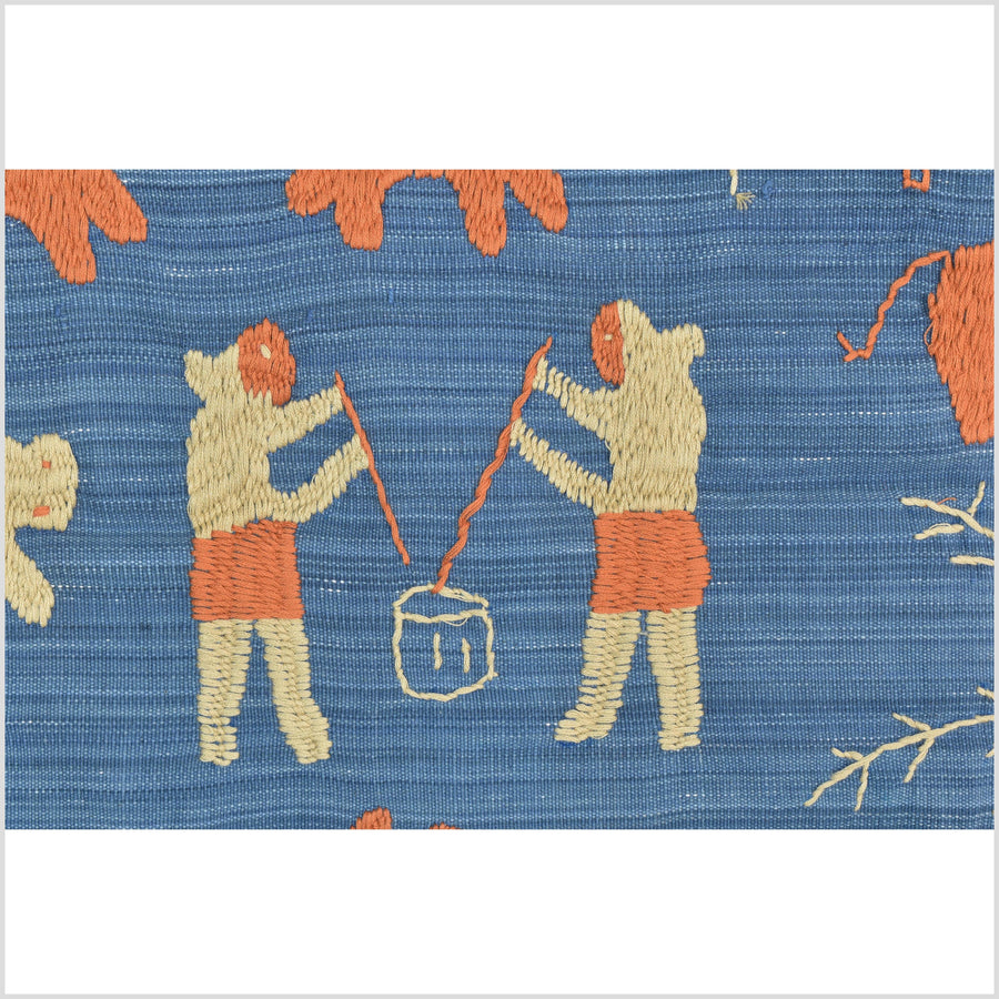 Cornflower blue special Naga tribal textile cotton story quilt, animals, totems, boho hilltribe tapestry Thailand India ii116