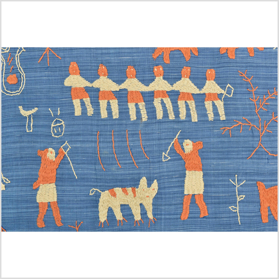 Cornflower blue special Naga tribal textile cotton story quilt, animals, totems, boho hilltribe tapestry Thailand India ii116