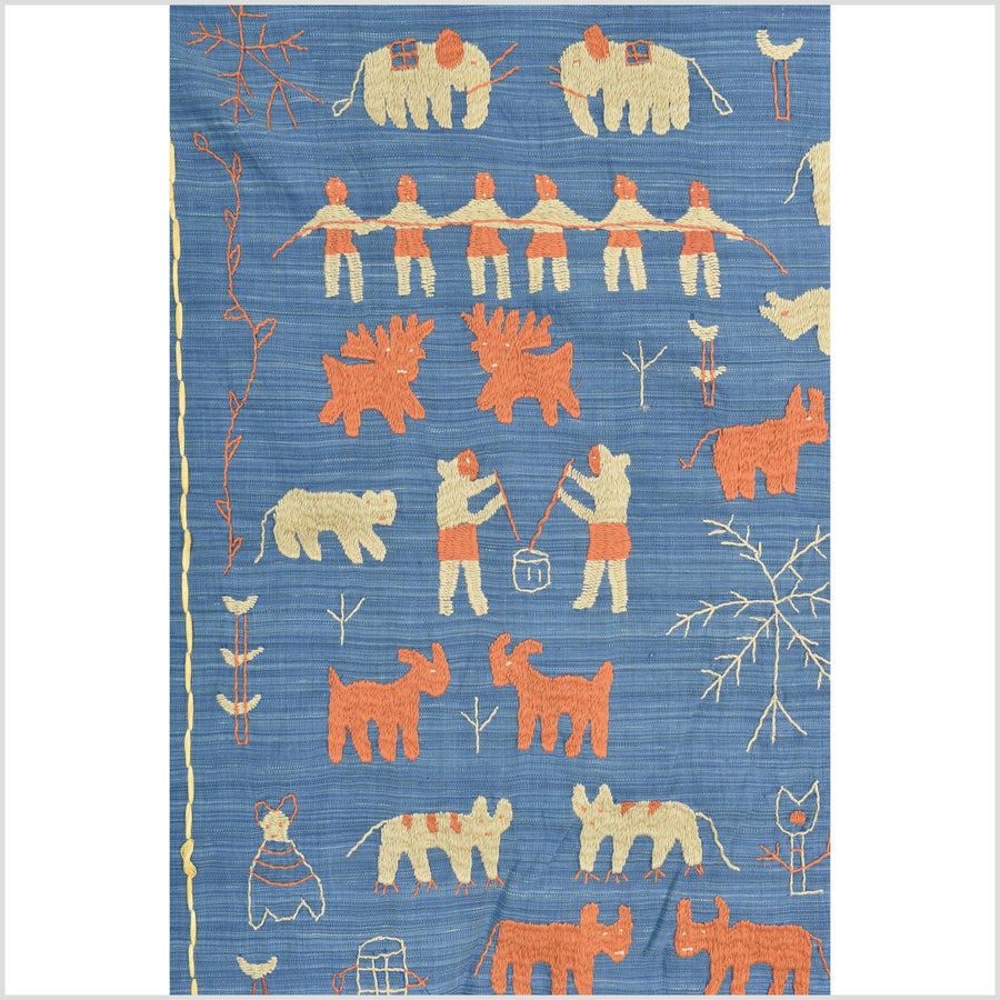 Cornflower blue special Naga tribal textile cotton story quilt, animals, totems, boho hilltribe tapestry Thailand India ii116