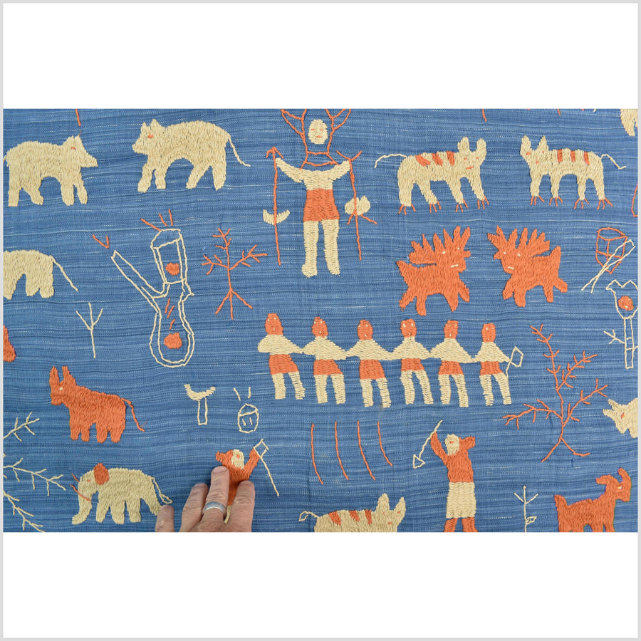 Cornflower blue special Naga tribal textile cotton story quilt, animals, totems, boho hilltribe tapestry Thailand India ii116