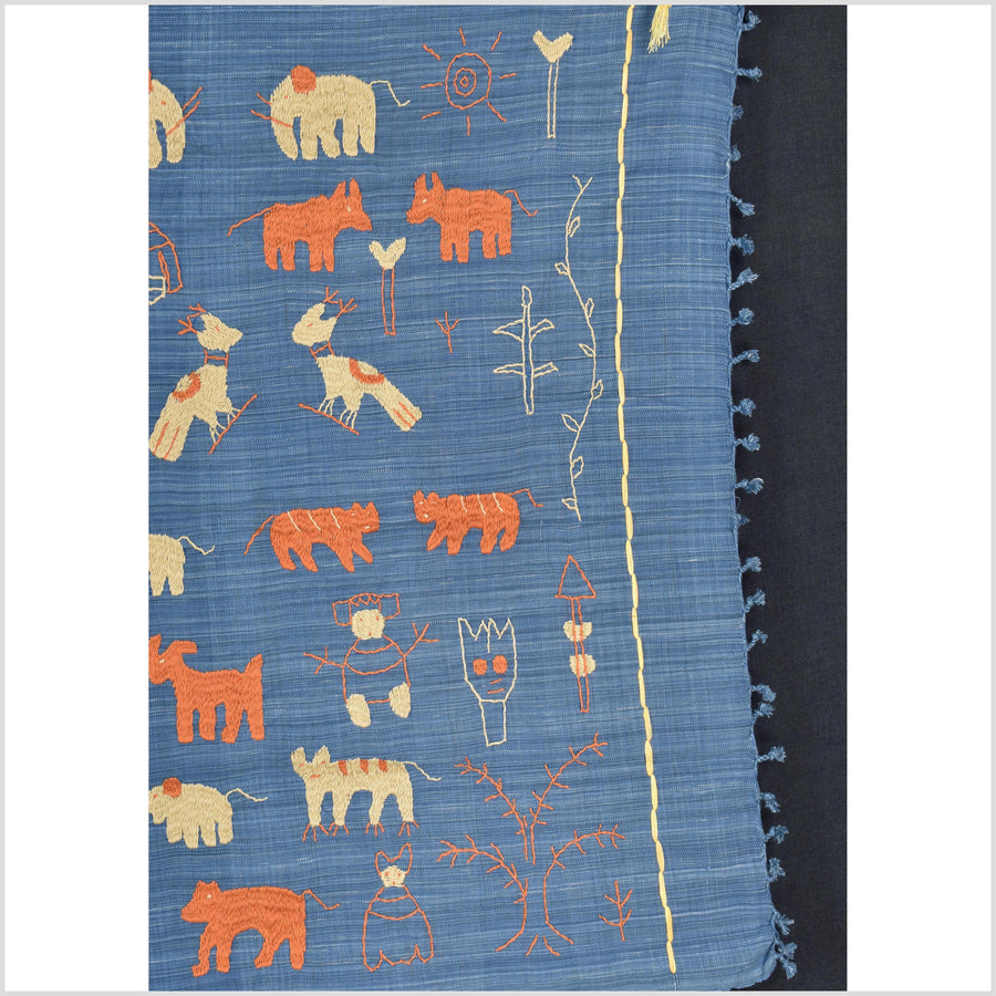 Cornflower blue special Naga tribal textile cotton story quilt, animals, totems, boho hilltribe tapestry Thailand India ii116