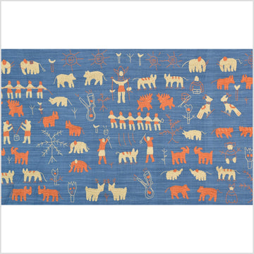 Cornflower blue special Naga tribal textile cotton story quilt, animals, totems, boho hilltribe tapestry Thailand India ii116