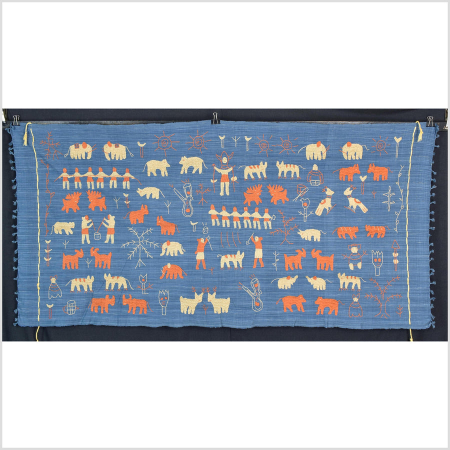 Cornflower blue special Naga tribal textile cotton story quilt, animals, totems, boho hilltribe tapestry Thailand India ii116