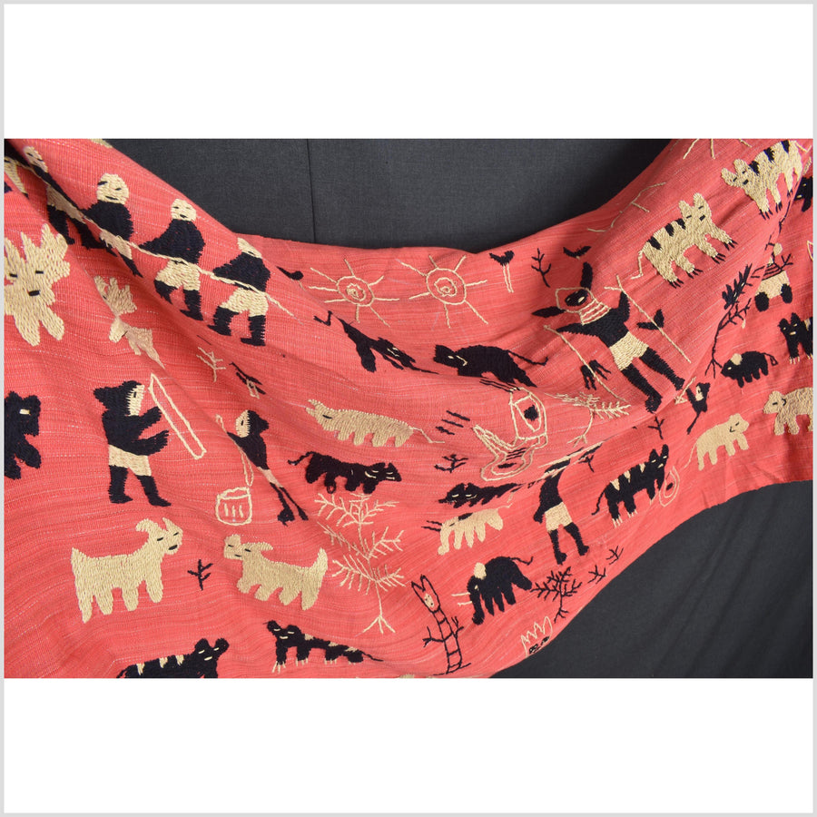Pale pink tomato red special Naga tribal textile cotton story quilt, animals, totems, boho hilltribe tapestry Thailand India ii117