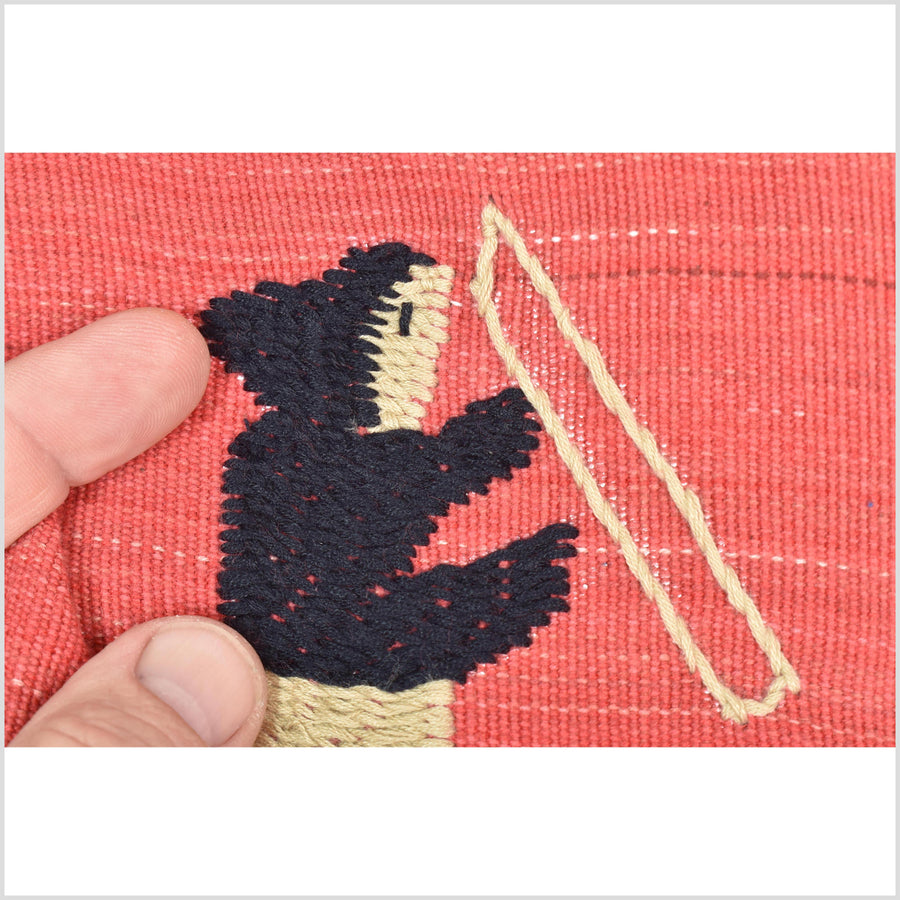 Pale pink tomato red special Naga tribal textile cotton story quilt, animals, totems, boho hilltribe tapestry Thailand India ii117