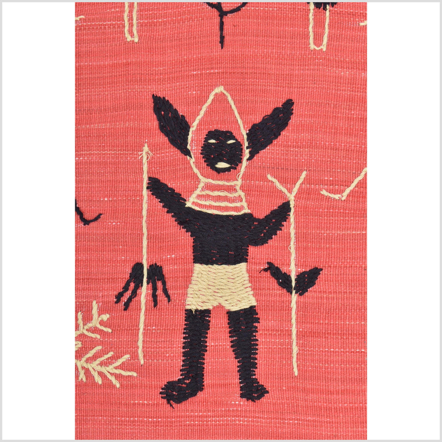 Pale pink tomato red special Naga tribal textile cotton story quilt, animals, totems, boho hilltribe tapestry Thailand India ii117